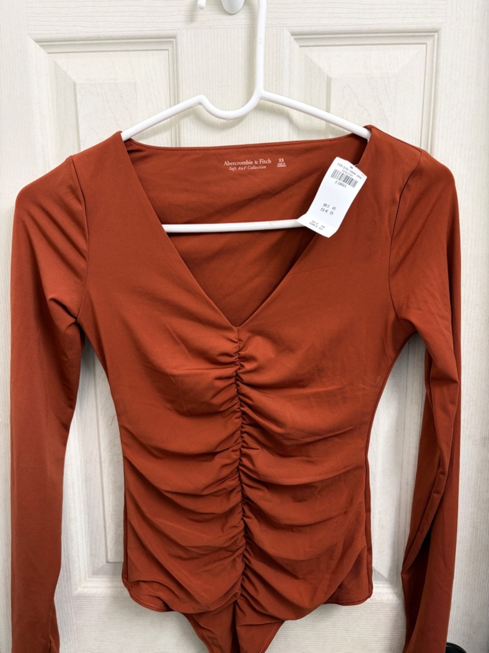 Abercrombie & Fitch Rusty Orange Ruched V-Neck Bodysuit